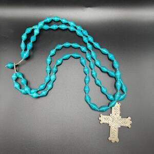 AKOLA Statement BLUE Cross Necklace HANDMADE in UGANDA
